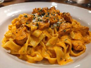 Close-up of creamy cajun chicken pasta featuring wide noodles coated in a vibrant orange sauce and topped with chicken pieces and parsley.