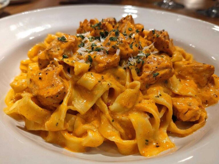 Close-up of creamy cajun chicken pasta featuring wide noodles coated in a vibrant orange sauce and topped with chicken pieces and parsley.