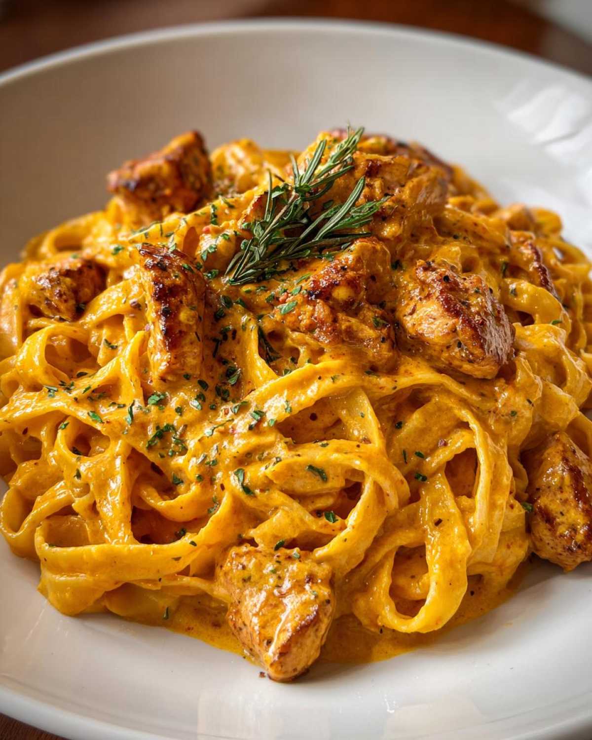 Close-up of creamy cajun chicken pasta featuring fettuccine noodles coated in an orange sauce, topped with seasoned chicken pieces and rosemary.