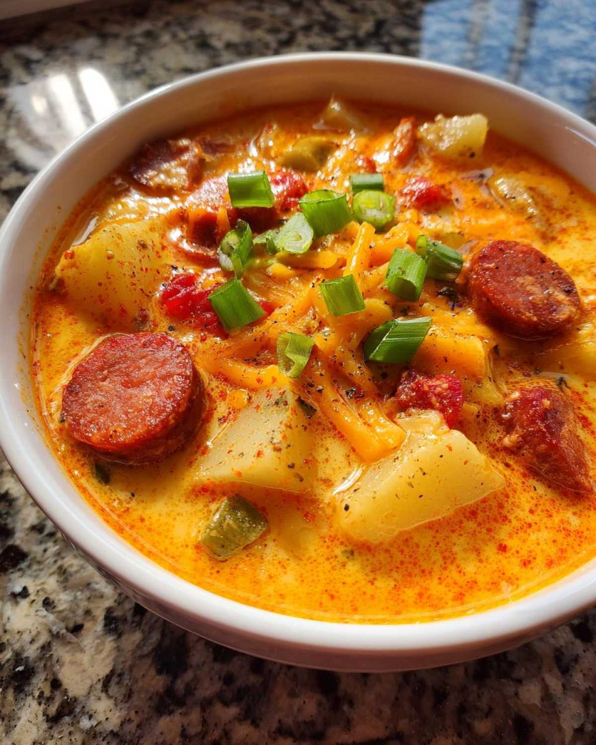 Close-up of a bowl of creamy Cajun potato soup topped with sliced sausage, shredded cheese, and green onions.