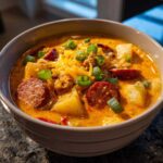 Close-up of a creamy, orange-hued Cajun potato soup loaded with sliced sausage, potatoes, cheese, and green onions.