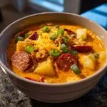 Close-up of a creamy, orange-hued Cajun potato soup loaded with sliced sausage, potatoes, cheese, and green onions.