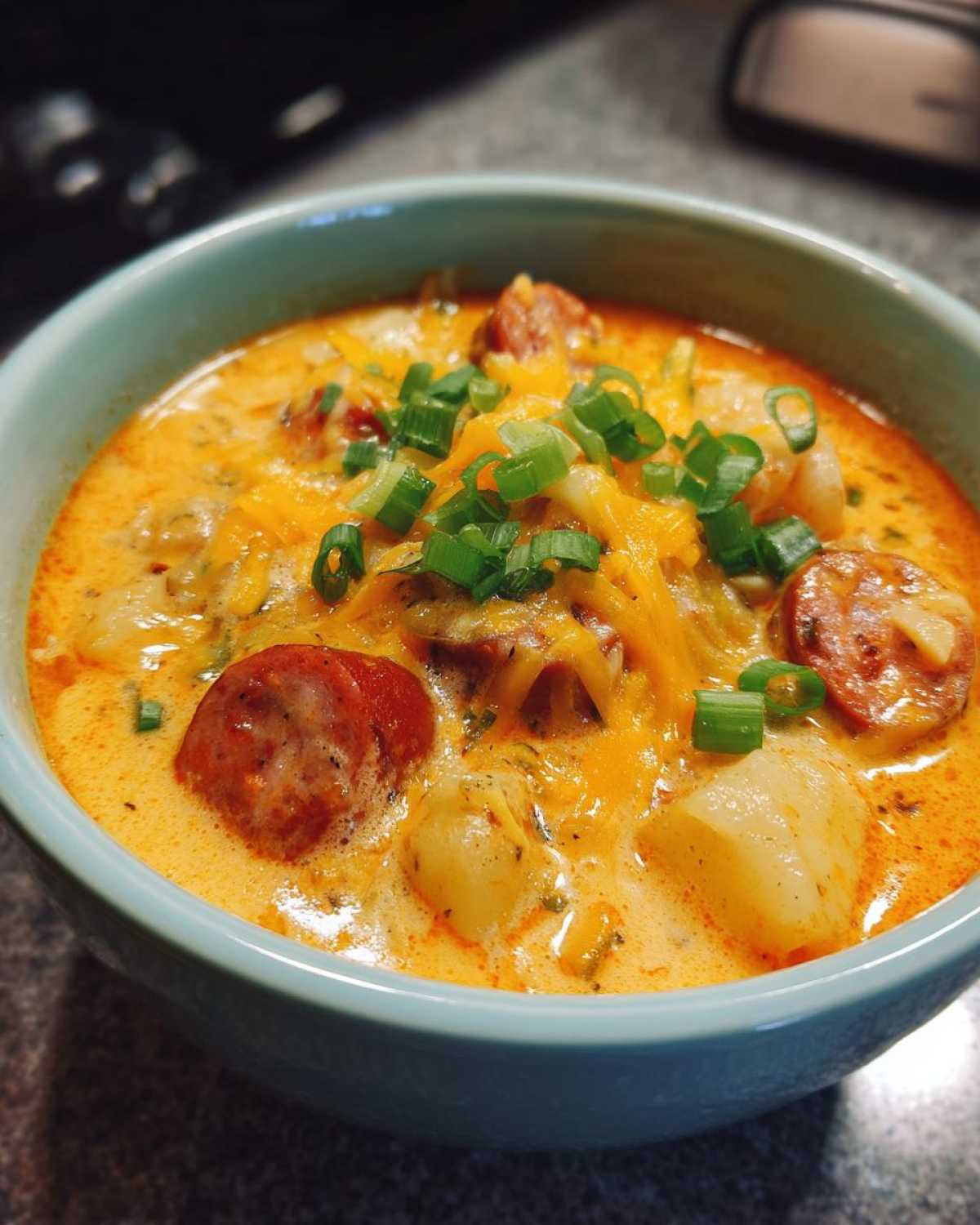 Close-up of a bowl of creamy Cajun potato soup topped with melted cheddar cheese, sliced sausage, and green onions.