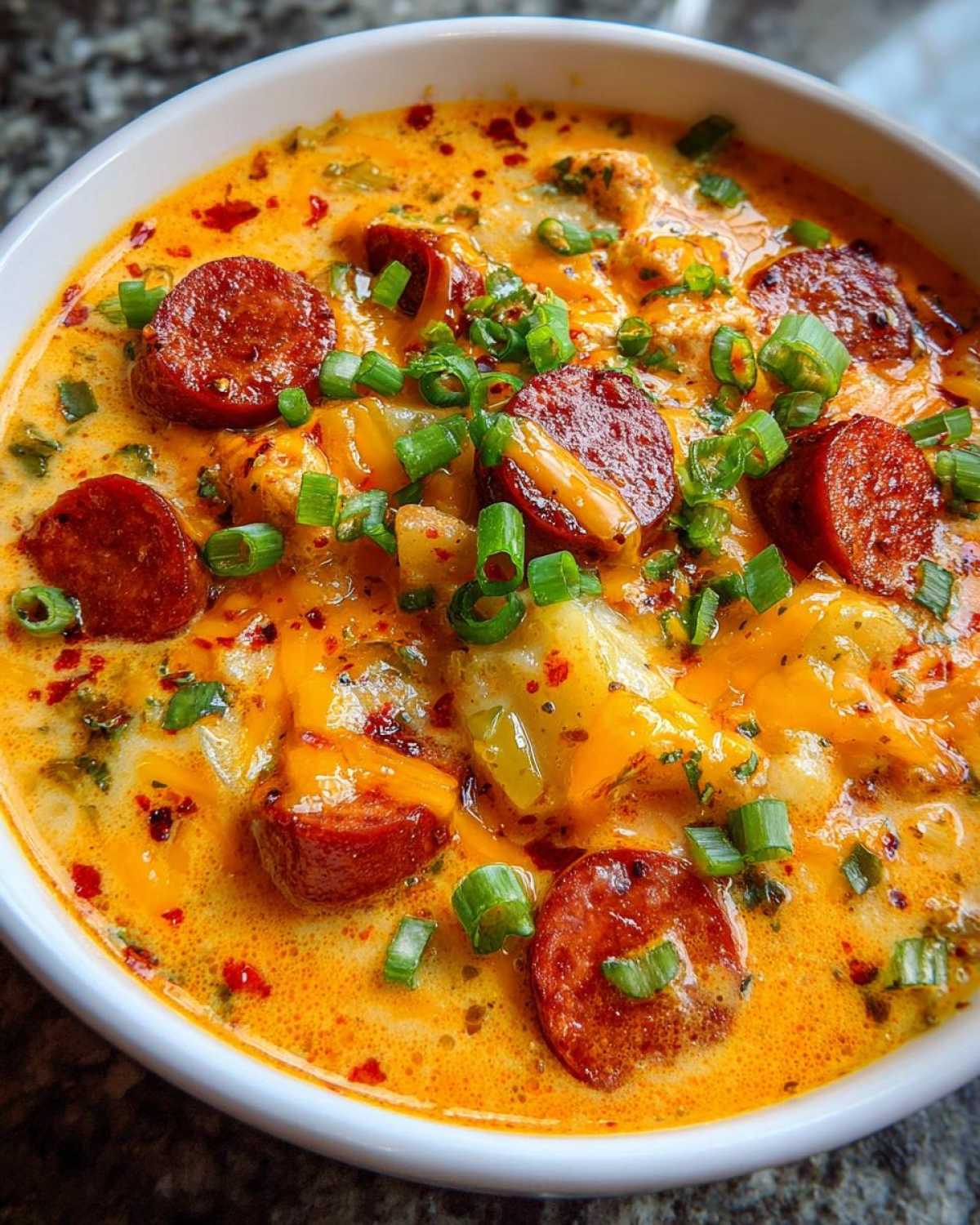 Close-up of creamy Cajun potato soup topped with sliced andouille sausage, melted cheddar cheese, and green onions.
