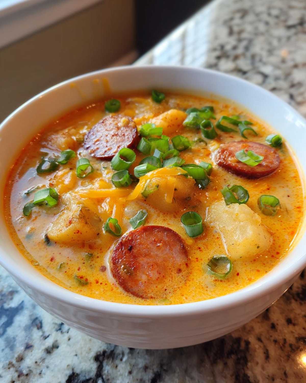 Close-up of a bowl of creamy Cajun potato soup topped with sliced sausage and green onions.