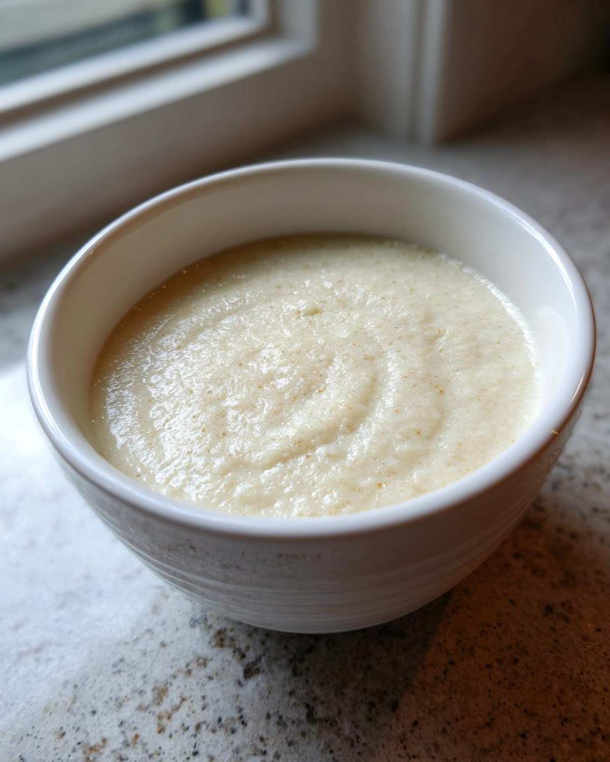 A close-up of creamy, smooth cauliflower soup served in a white bowl on a speckled countertop.