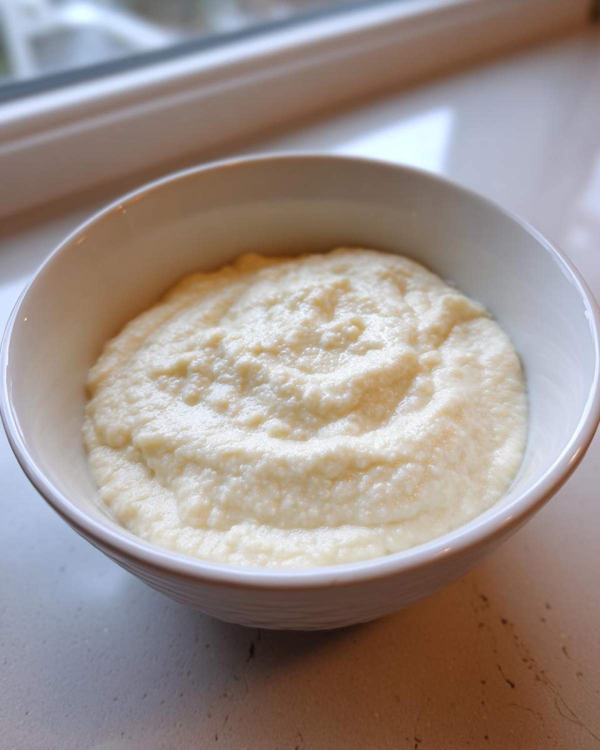 A close-up of thick, creamy cauliflower soup served in a white bowl, placed near a window.