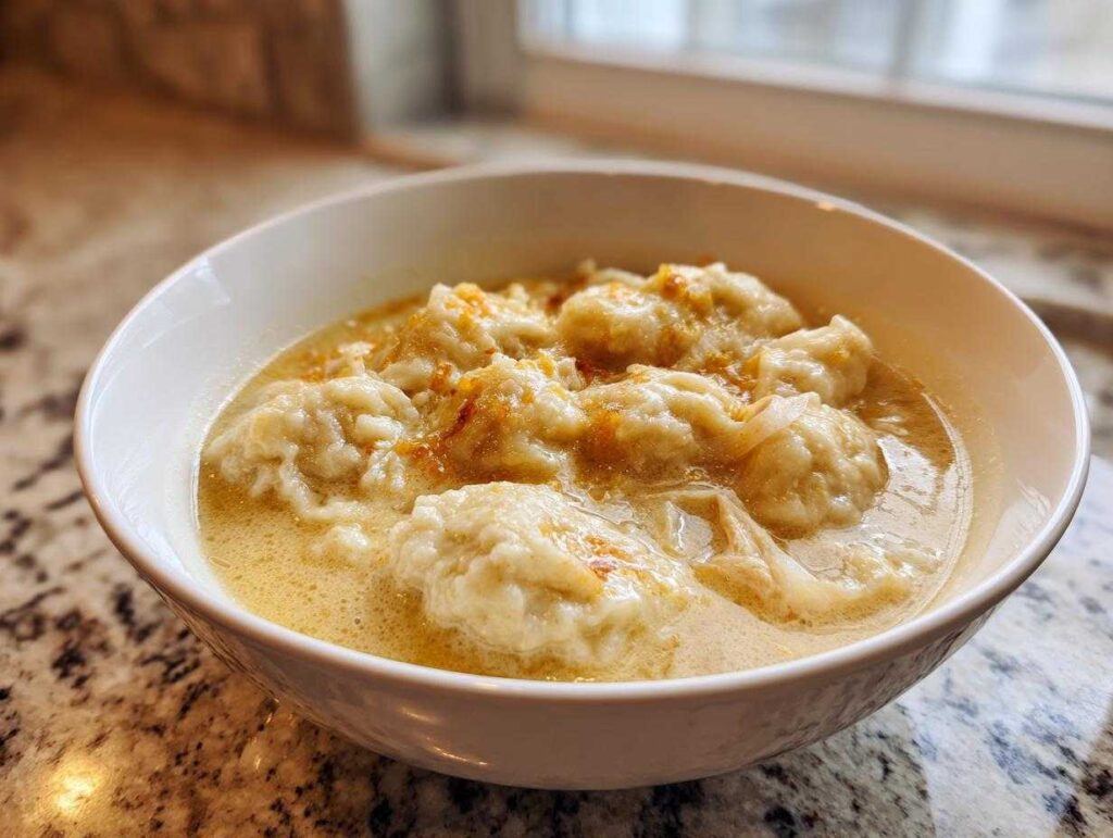 A close-up of a white bowl filled with creamy chicken and dumplings, featuring fluffy dumplings soaking in savory broth.