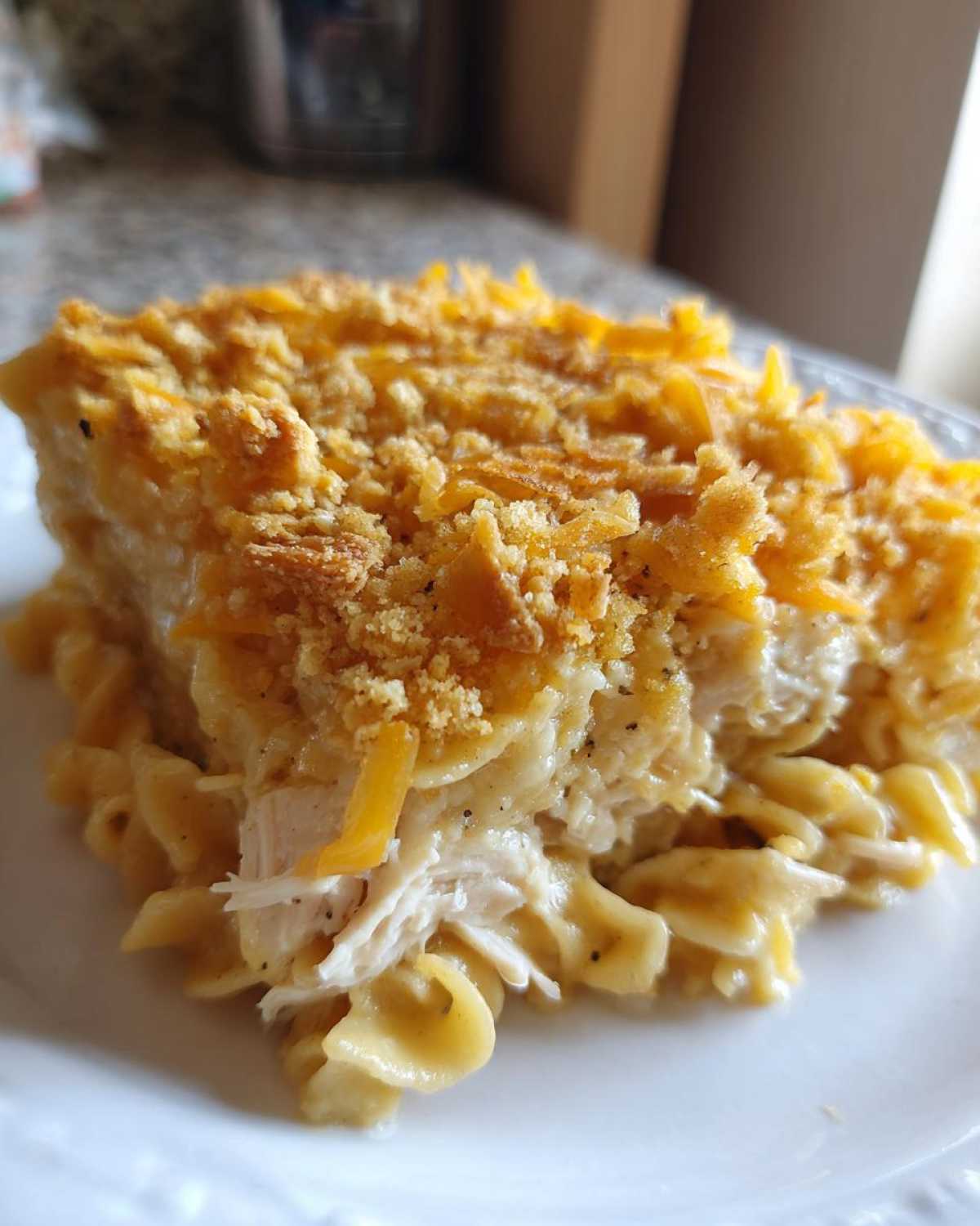 A close-up serving of creamy chicken noodle casserole featuring egg noodles, shredded chicken, and a crunchy cheese and breadcrumb topping.