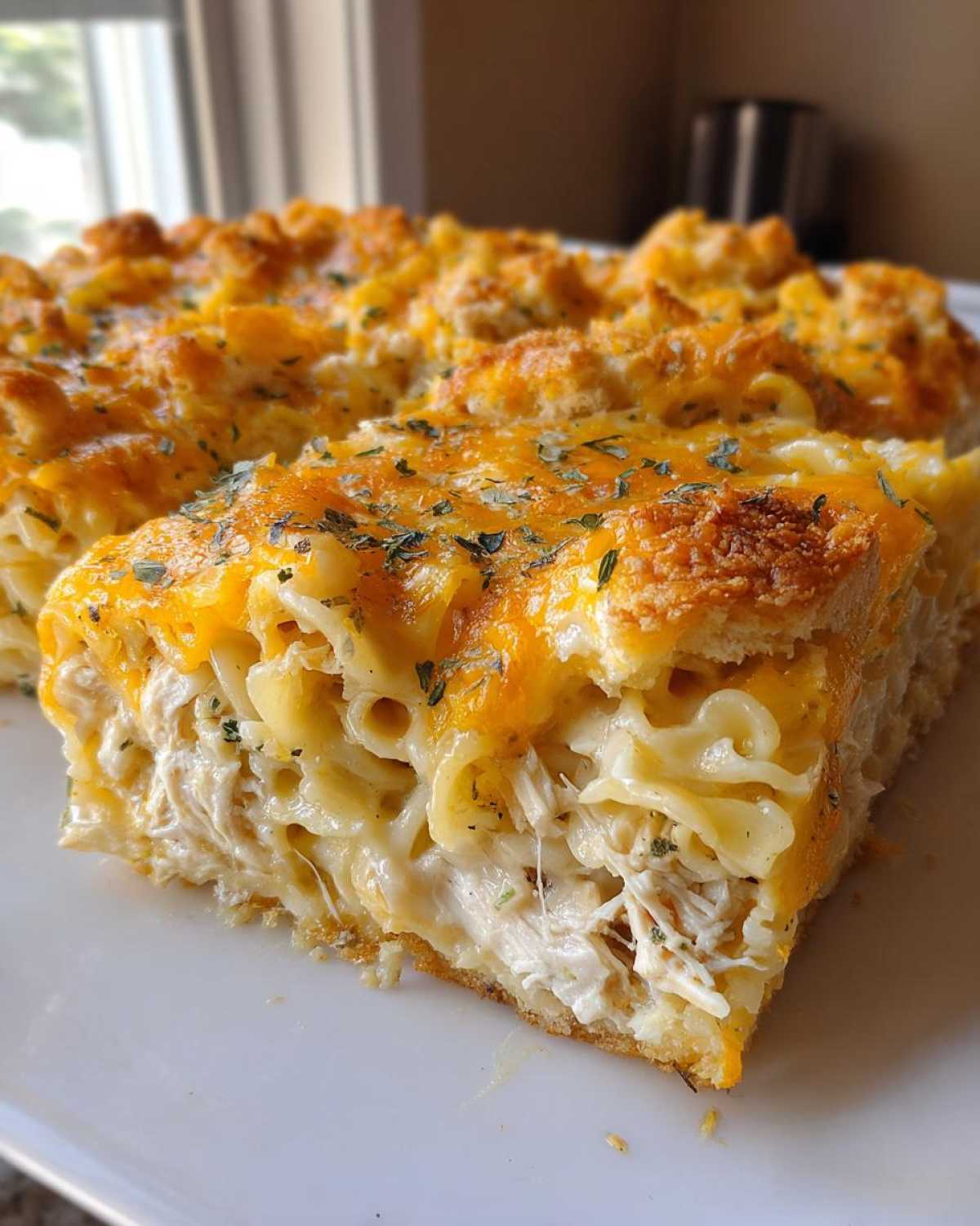A thick slice of creamy chicken noodle casserole showing shredded chicken, egg noodles, and a melted cheddar cheese topping.