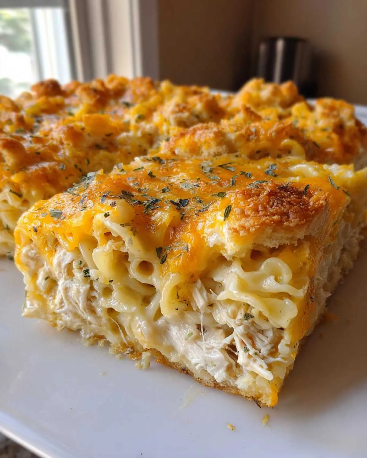 A thick slice of creamy chicken noodle casserole showing shredded chicken, egg noodles, and a melted cheddar cheese topping.