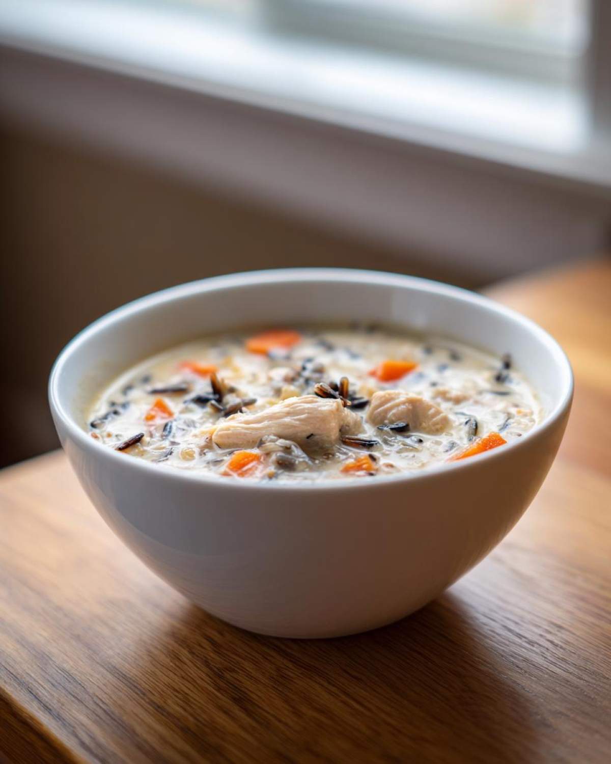 Close-up of a creamy chicken wild rice soup with visible carrots in a white bowl.