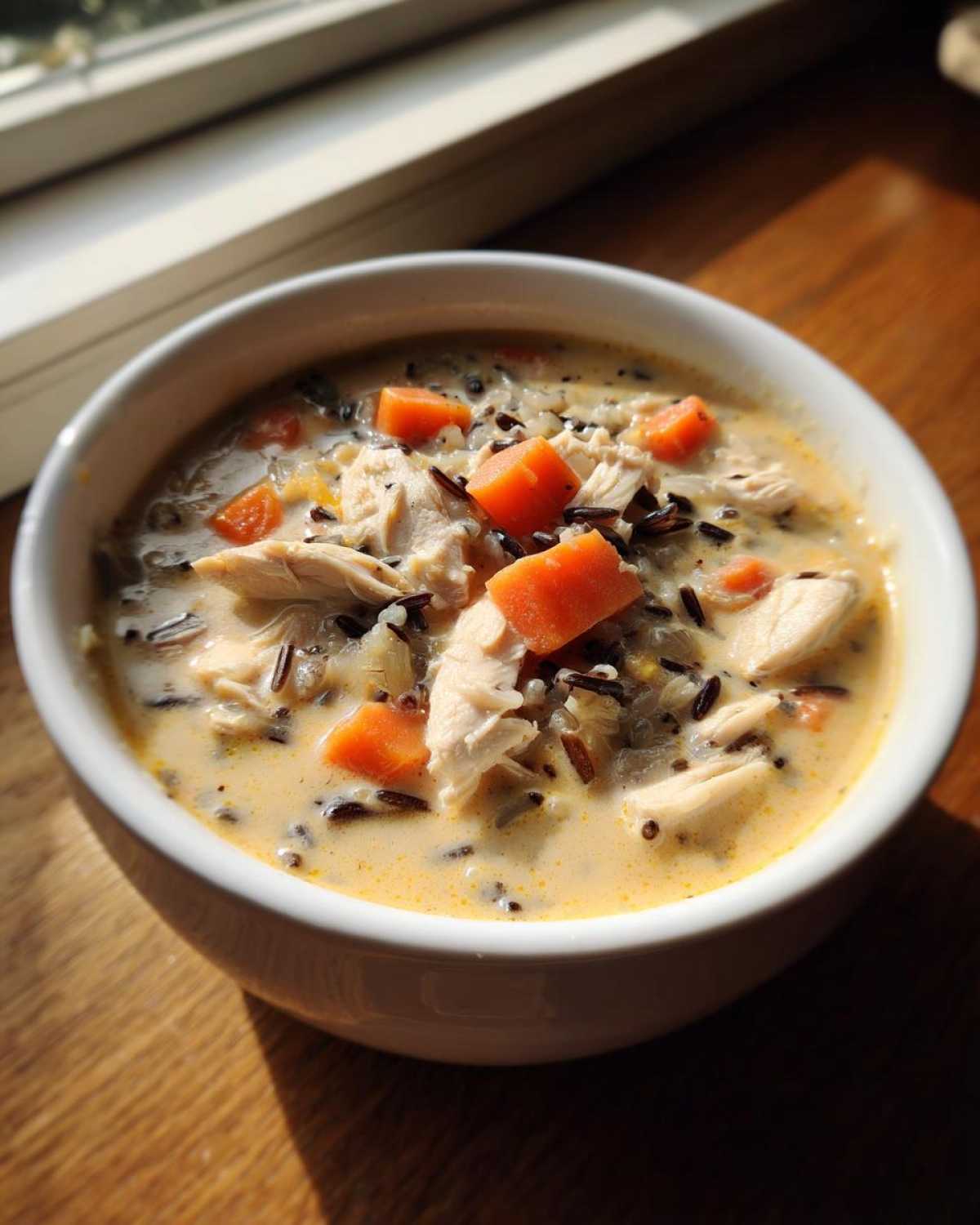 A close-up of creamy chicken wild rice soup with chunks of chicken and bright orange carrots in a white bowl.