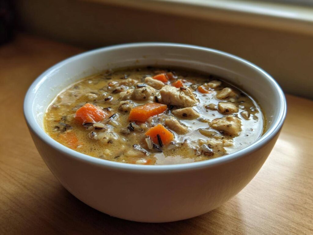 Close-up of a hearty bowl of creamy wild rice soup featuring chunks of chicken and bright orange carrots.
