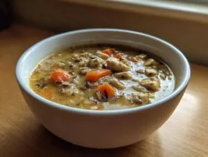 Close-up of a hearty bowl of creamy wild rice soup featuring chunks of chicken and bright orange carrots.