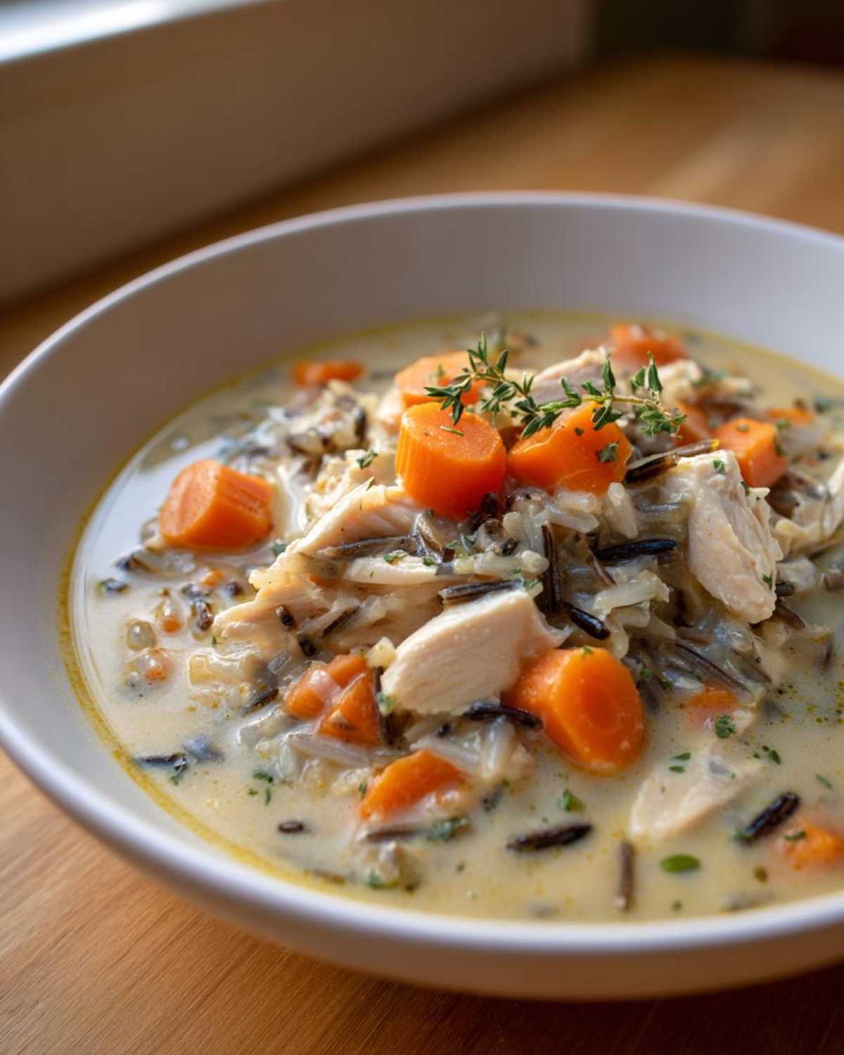 A close-up of creamy chicken wild rice soup, featuring chunks of chicken, bright orange carrots, and fresh thyme garnish.