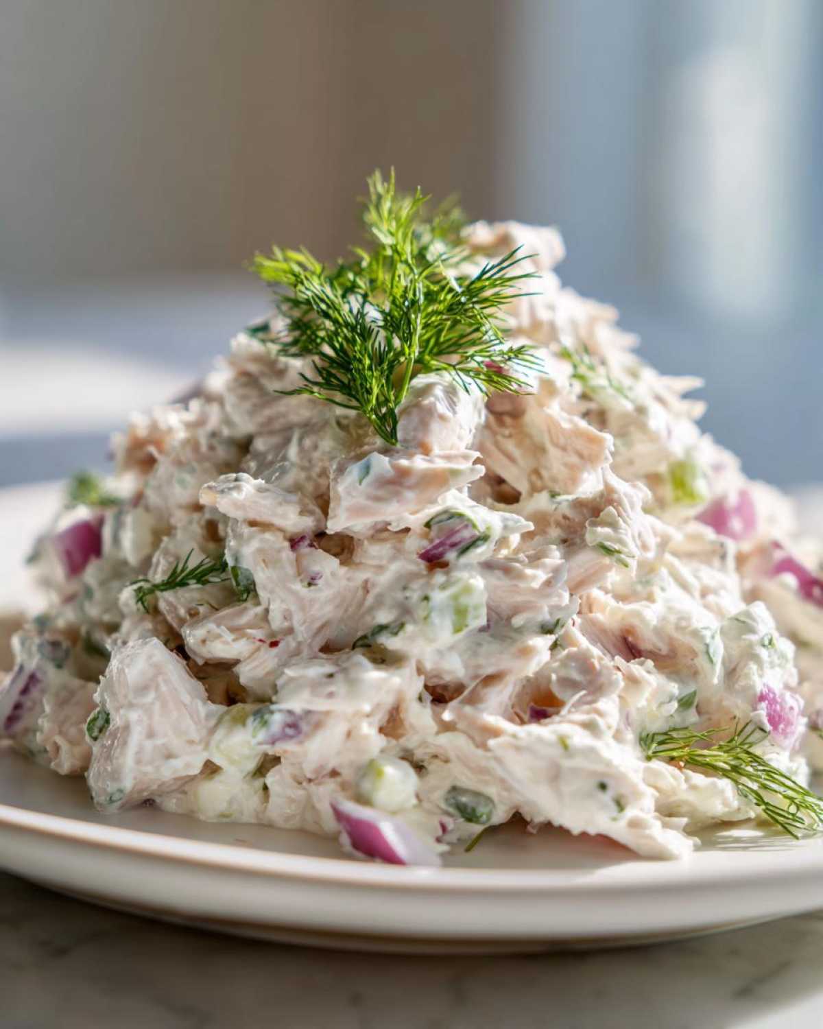 A generous mound of creamy cottage cheese chicken salad mixed with red onion and garnished with fresh dill.