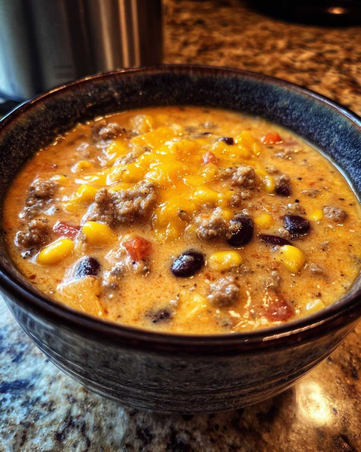 Close-up of a hearty bowl of cowboy soup featuring ground beef, black beans, corn, and melted cheddar cheese.
