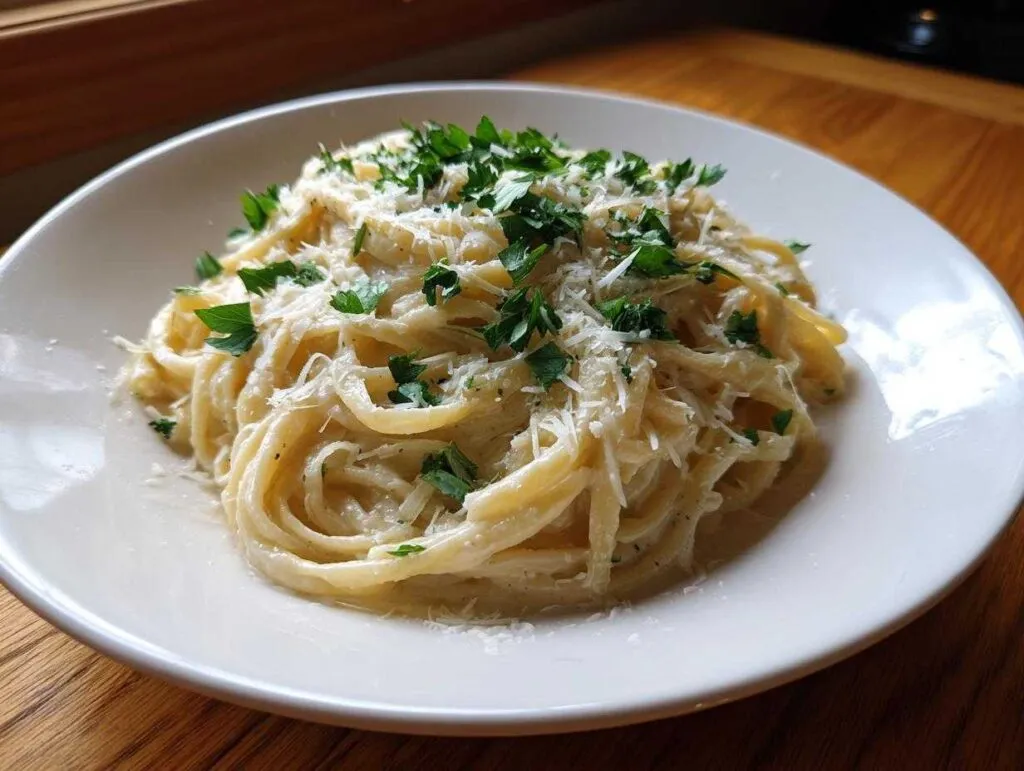 A close-up of creamy pasta coated in a rich sauce, topped with grated parmesan and fresh parsley, representing garlic parmesan comfort food.
