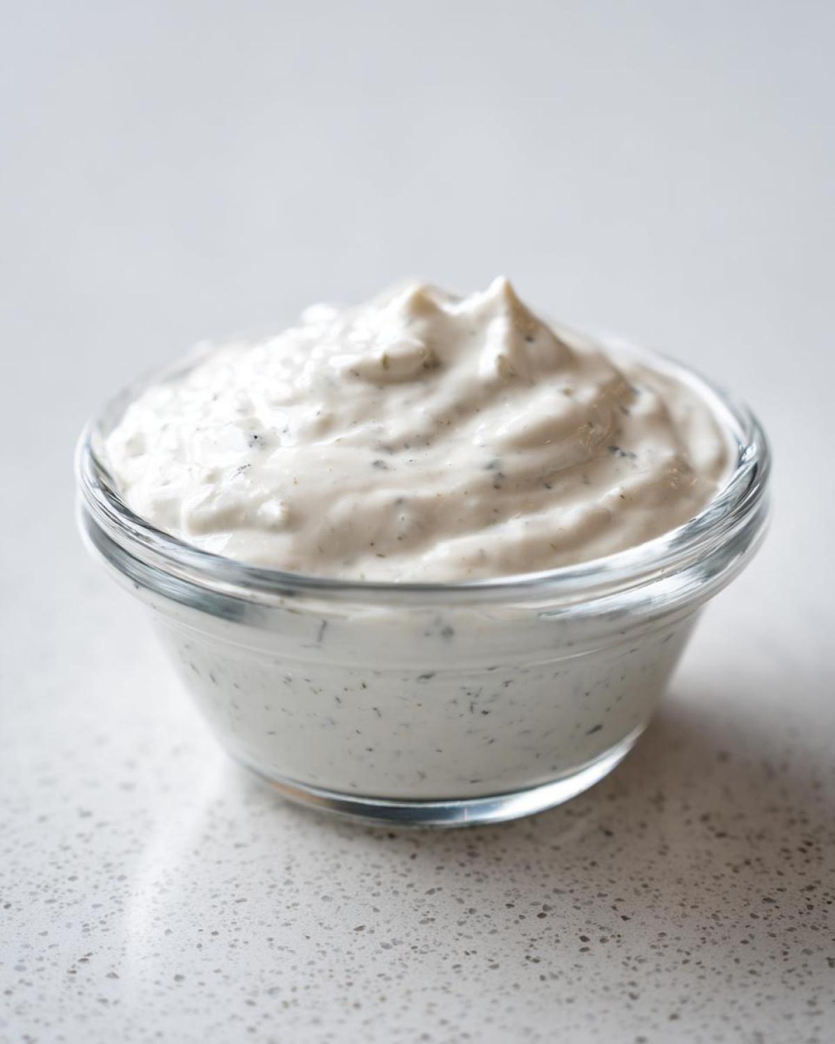 A small glass bowl filled with creamy, white horseradish sauce, ready to serve.