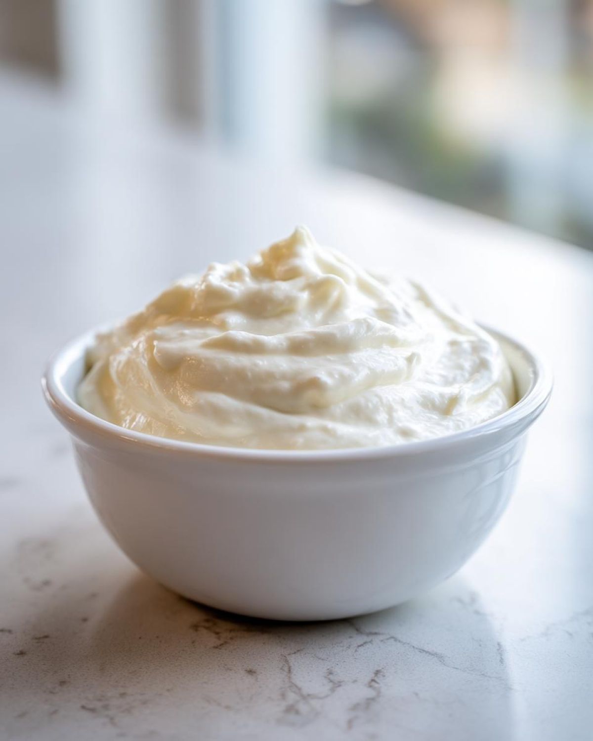 A close-up of freshly made creamy horseradish sauce mounded high in a small white bowl.