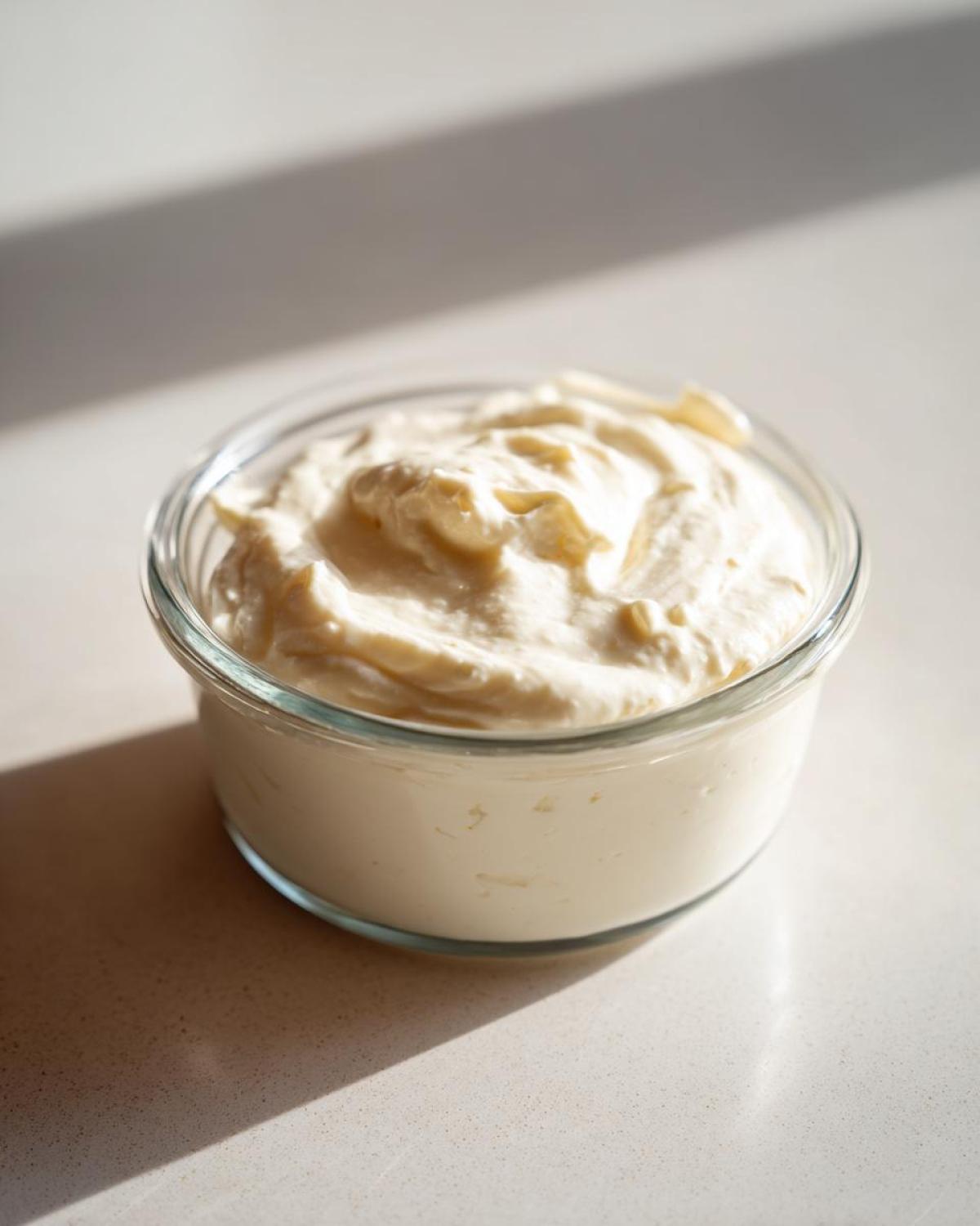 A small glass bowl filled with thick, creamy horseradish sauce, sitting on a light countertop.
