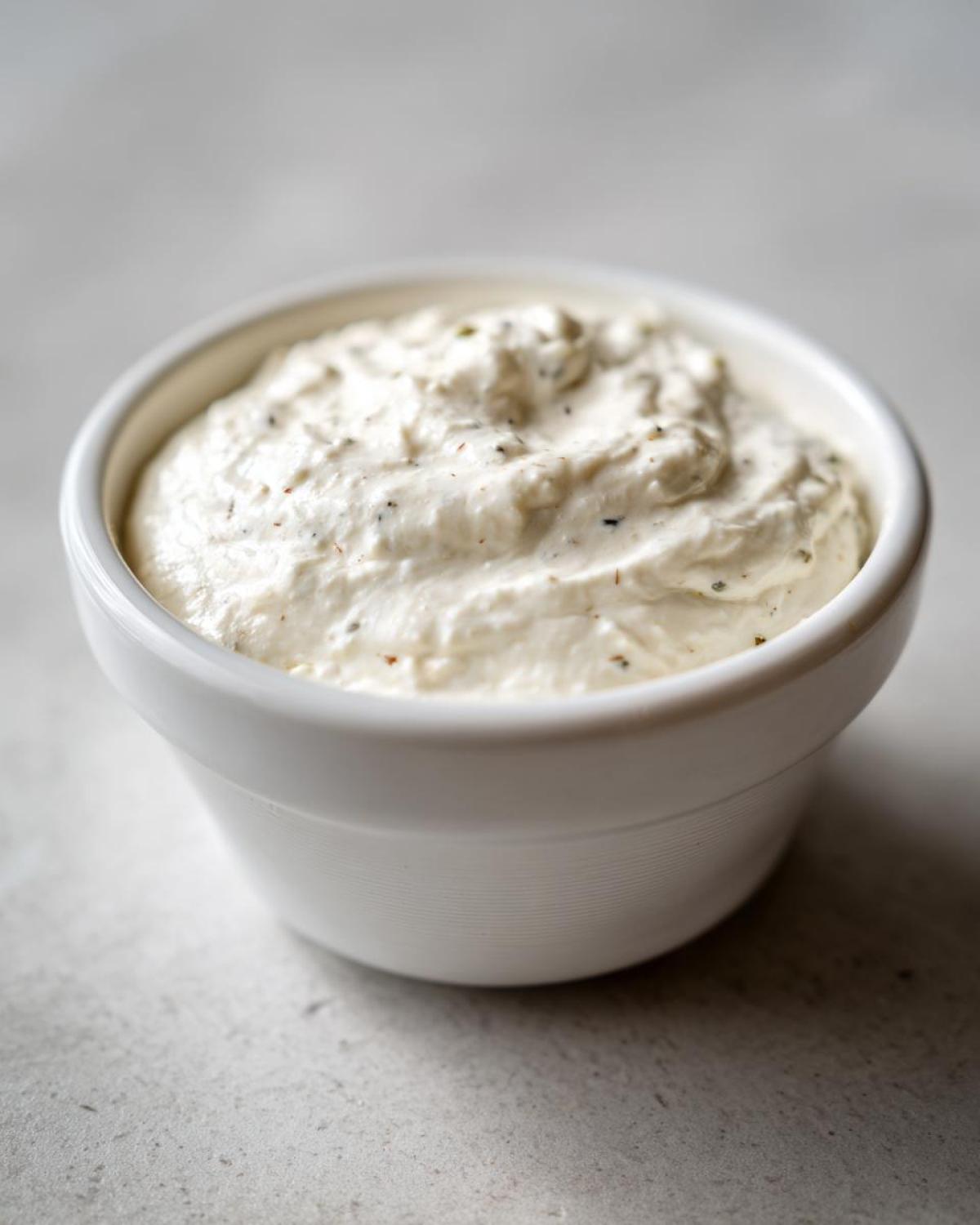 A close-up of thick, white creamy horseradish sauce speckled with herbs in a small white bowl.