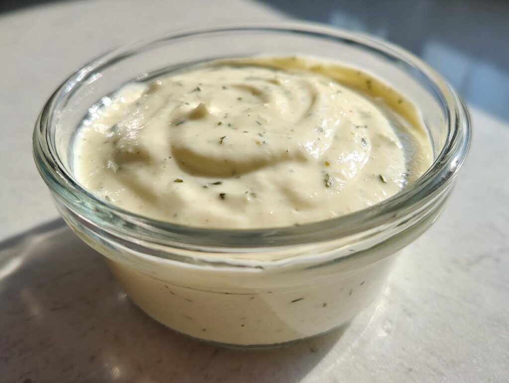 Close-up of creamy, pale yellow horseradish sauce with flecks of green herbs in a small glass bowl.