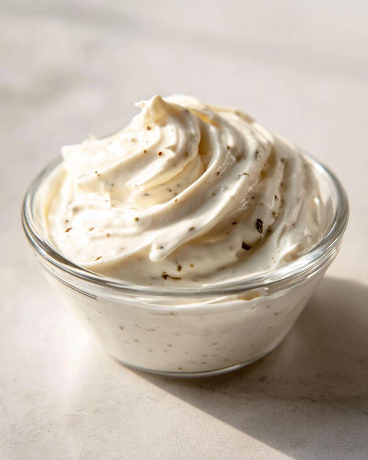 Close-up of creamy, white horseradish sauce swirled high in a small glass bowl, flecked with herbs.