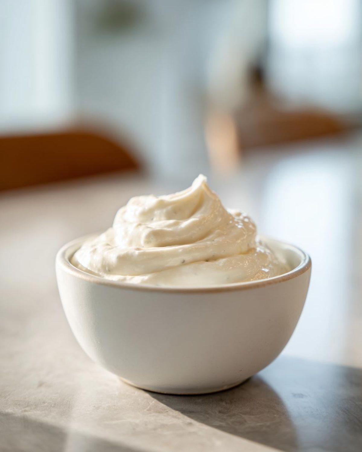 A small white bowl filled with thick, perfectly piped creamy horseradish sauce, ready for serving.