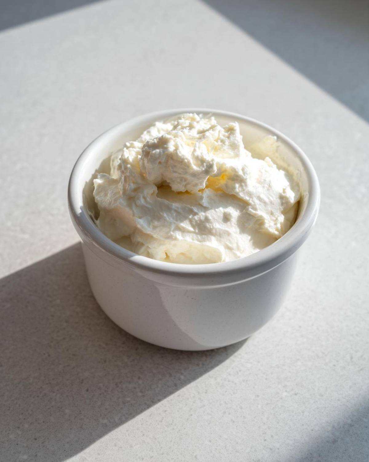 A small white bowl filled with fluffy, white creamy horseradish sauce, sitting on a light countertop.