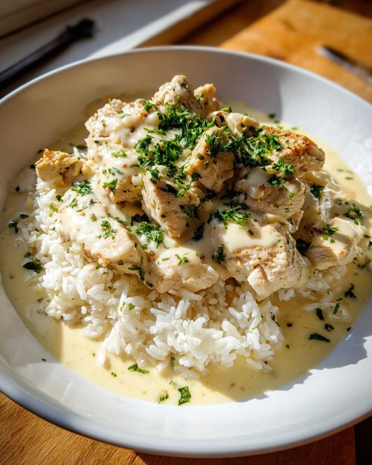 Close-up of creamy one pot chicken and rice topped with fresh parsley in a white bowl.