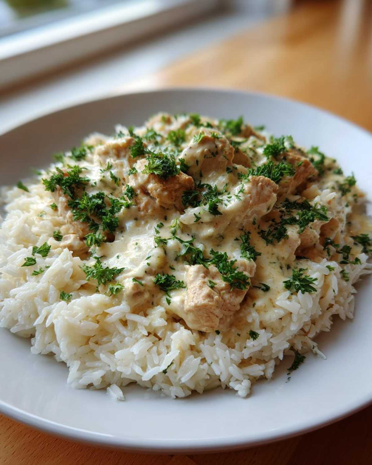 A close-up of creamy one pot chicken and rice topped with fresh parsley on a white plate.