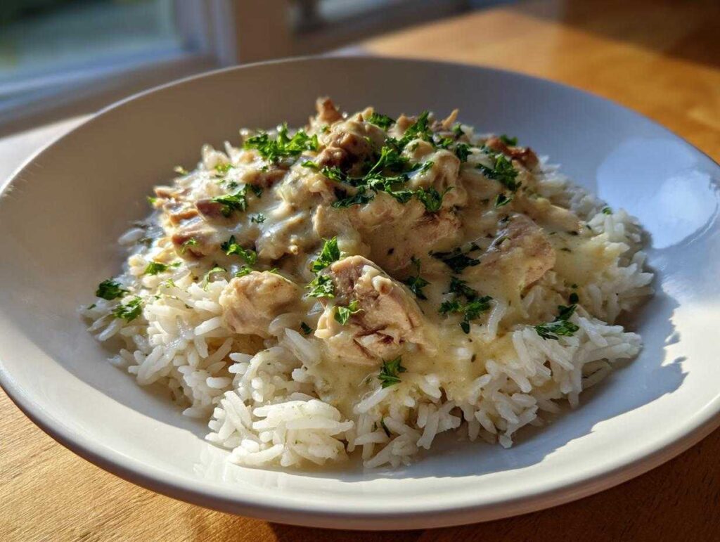 A close-up of creamy one pot chicken and rice served over white rice, garnished with fresh parsley.
