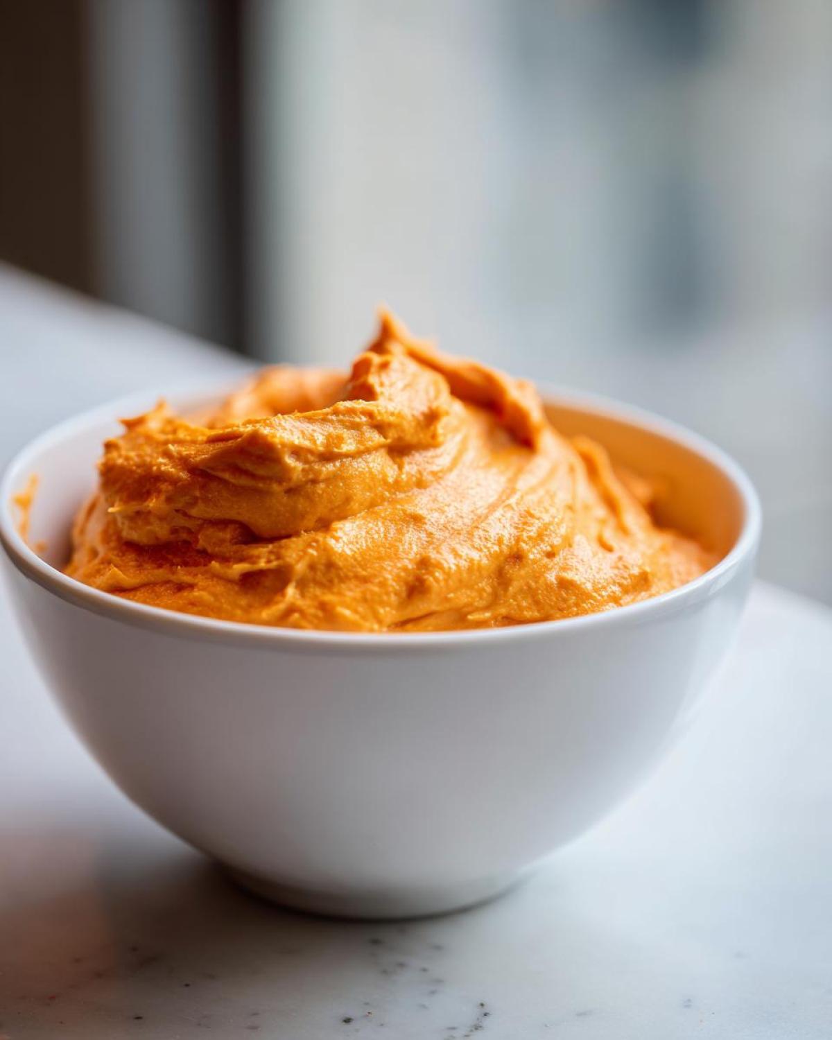 A close-up of thick, vibrant orange beer cheese dip swirled high in a small white bowl.