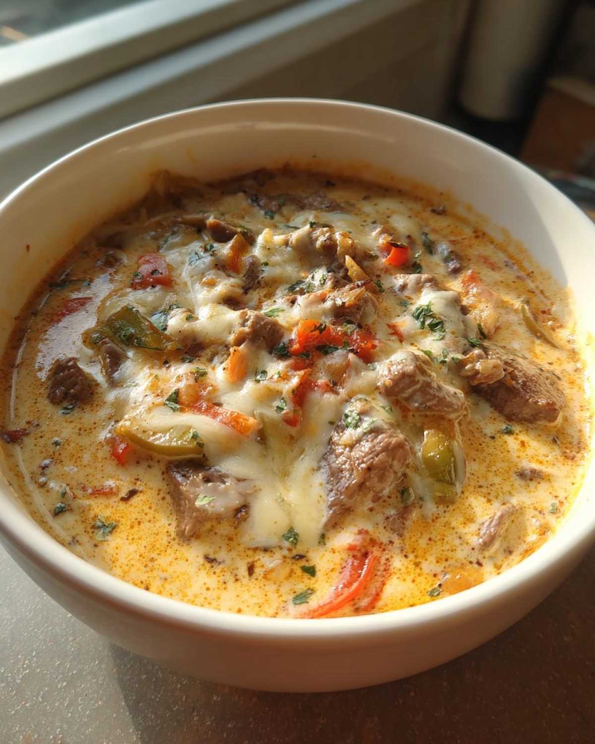 Close-up of a bowl of rich, creamy philly cheese steak soup with chunks of beef, peppers, and melted white cheese.