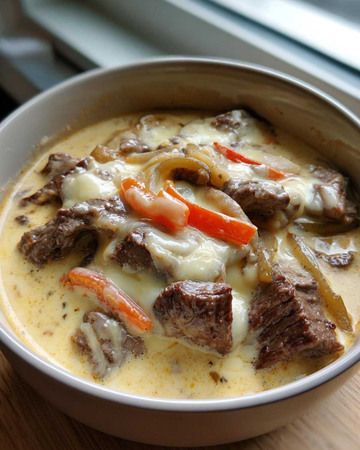 Close-up of a creamy bowl of Philly Cheese Steak Soup topped with chunks of beef, peppers, onions, and melted white cheese.