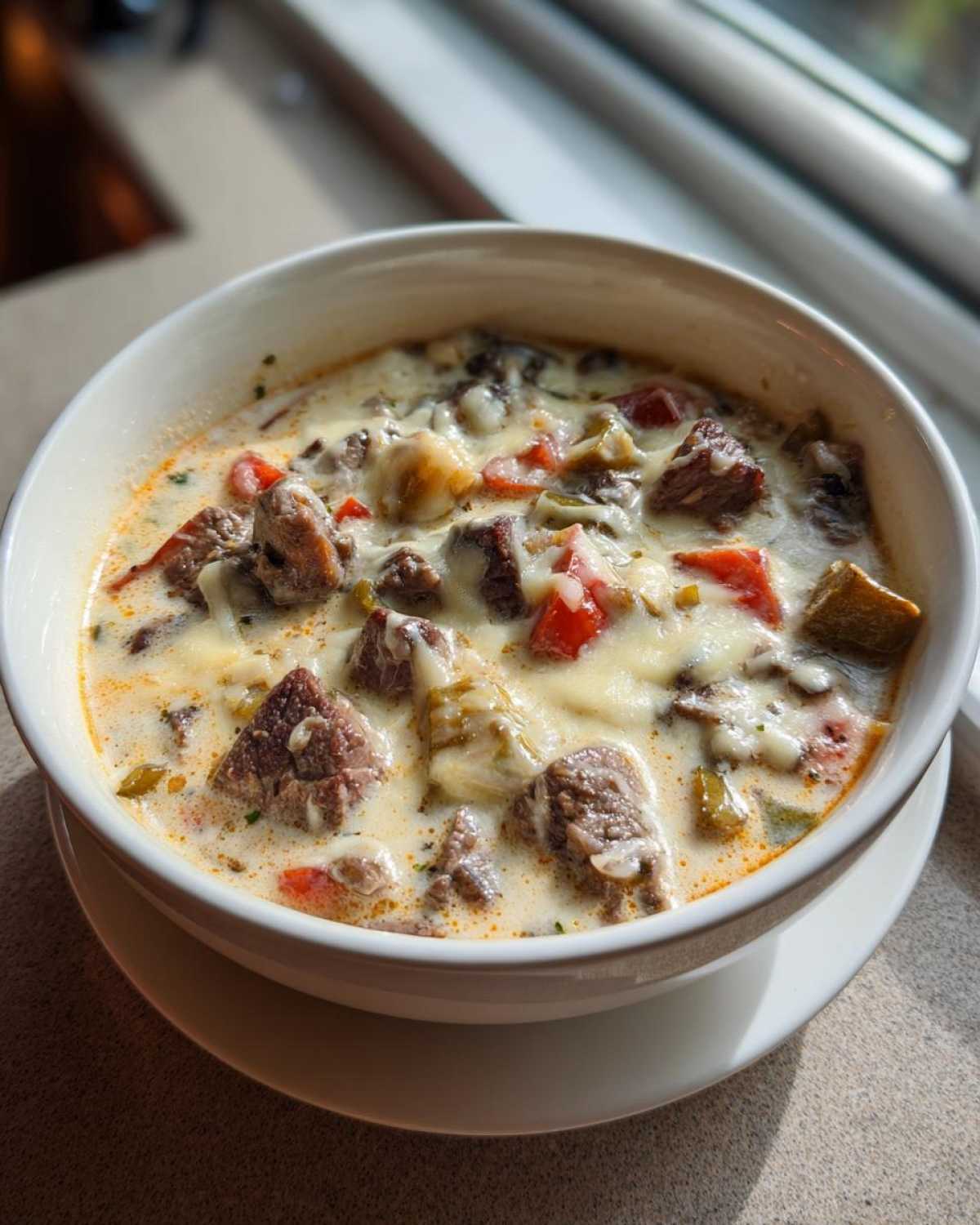 A close-up of a hearty bowl of creamy philly cheese steak soup topped with melted cheese, beef chunks, and peppers.