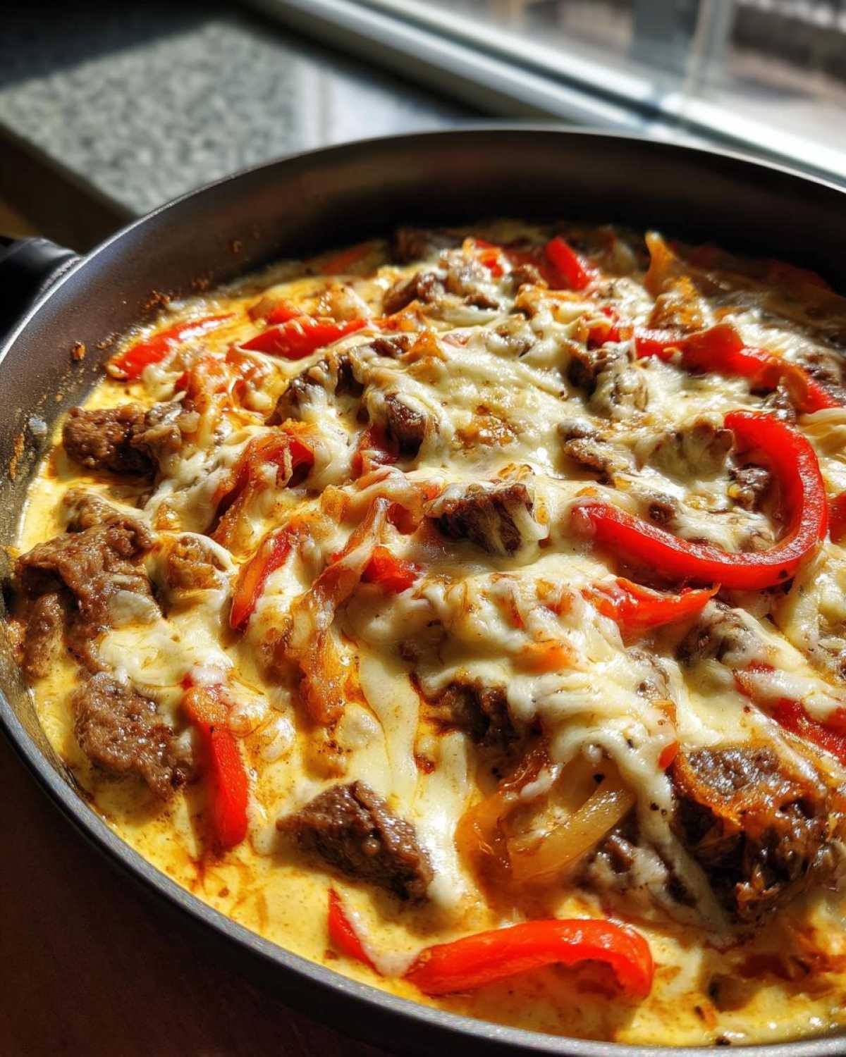 Close-up of creamy philly cheese steak soup topped with melted cheese, steak pieces, and bright red bell peppers in a dark skillet.
