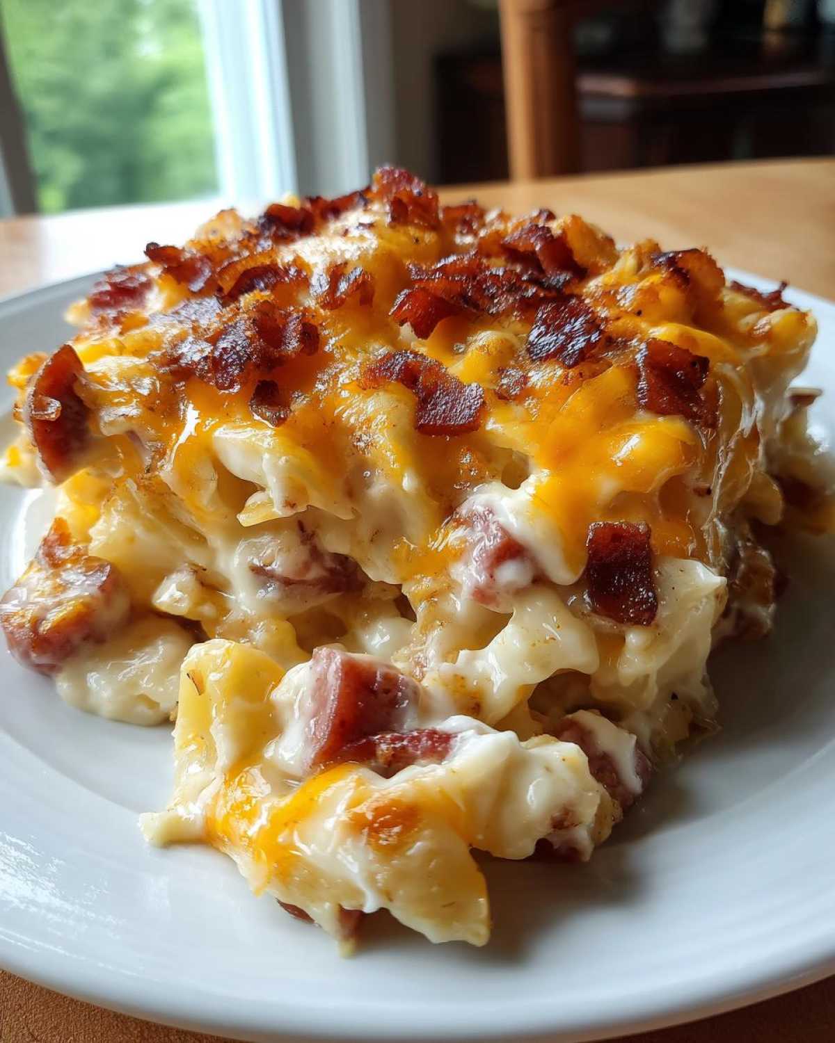 A generous serving of creamy pierogi casserole topped with melted cheddar cheese and crispy bacon bits.