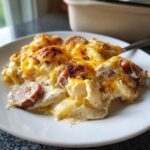 A close-up serving of creamy pierogi casserole topped with melted, browned cheddar cheese and slices of smoked sausage.