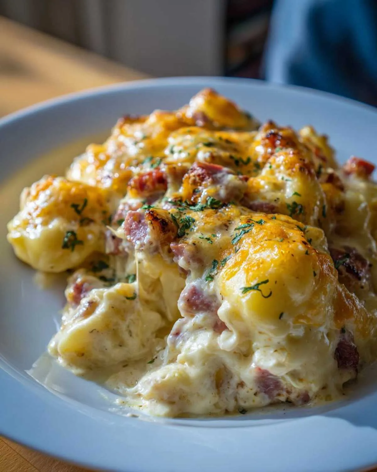 A close-up of a serving of rich, creamy pierogi casserole topped with melted, browned cheese and chopped parsley.