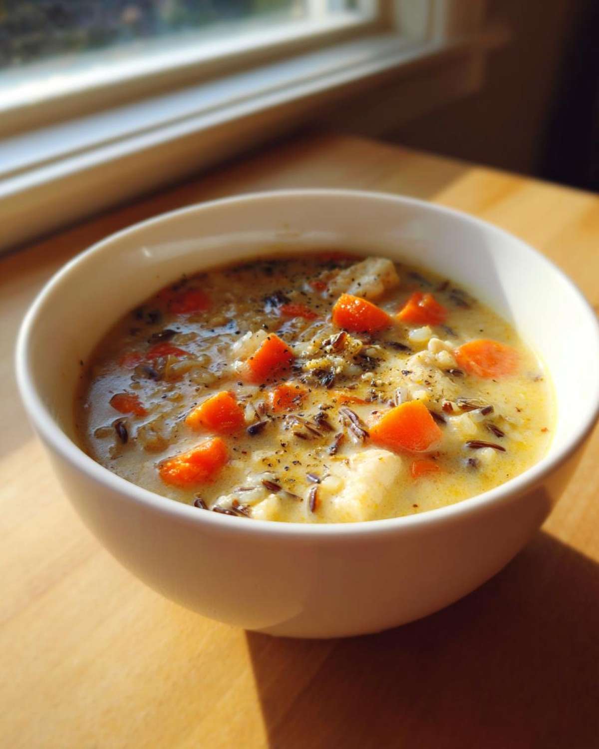 A close-up of a creamy wild rice soup in a white bowl, featuring chunks of carrot and topped with pepper.