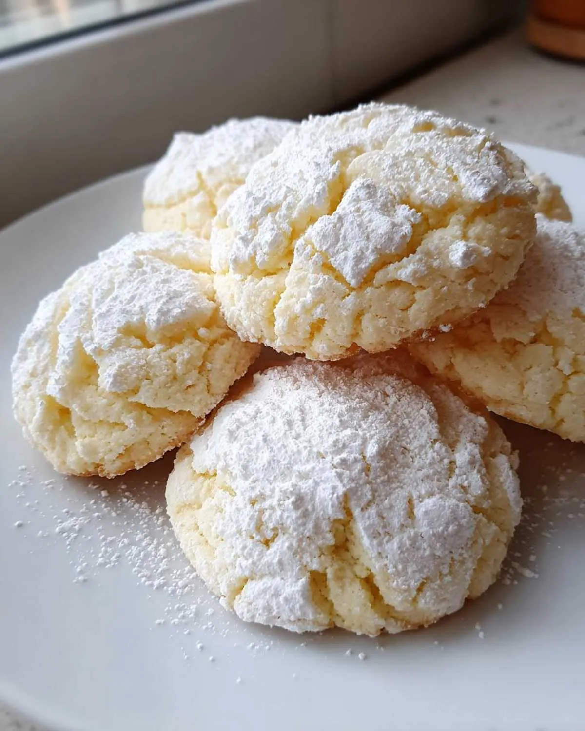 A stack of soft, crinkle-topped Cool Whip cookies heavily dusted with powdered sugar on a white plate.