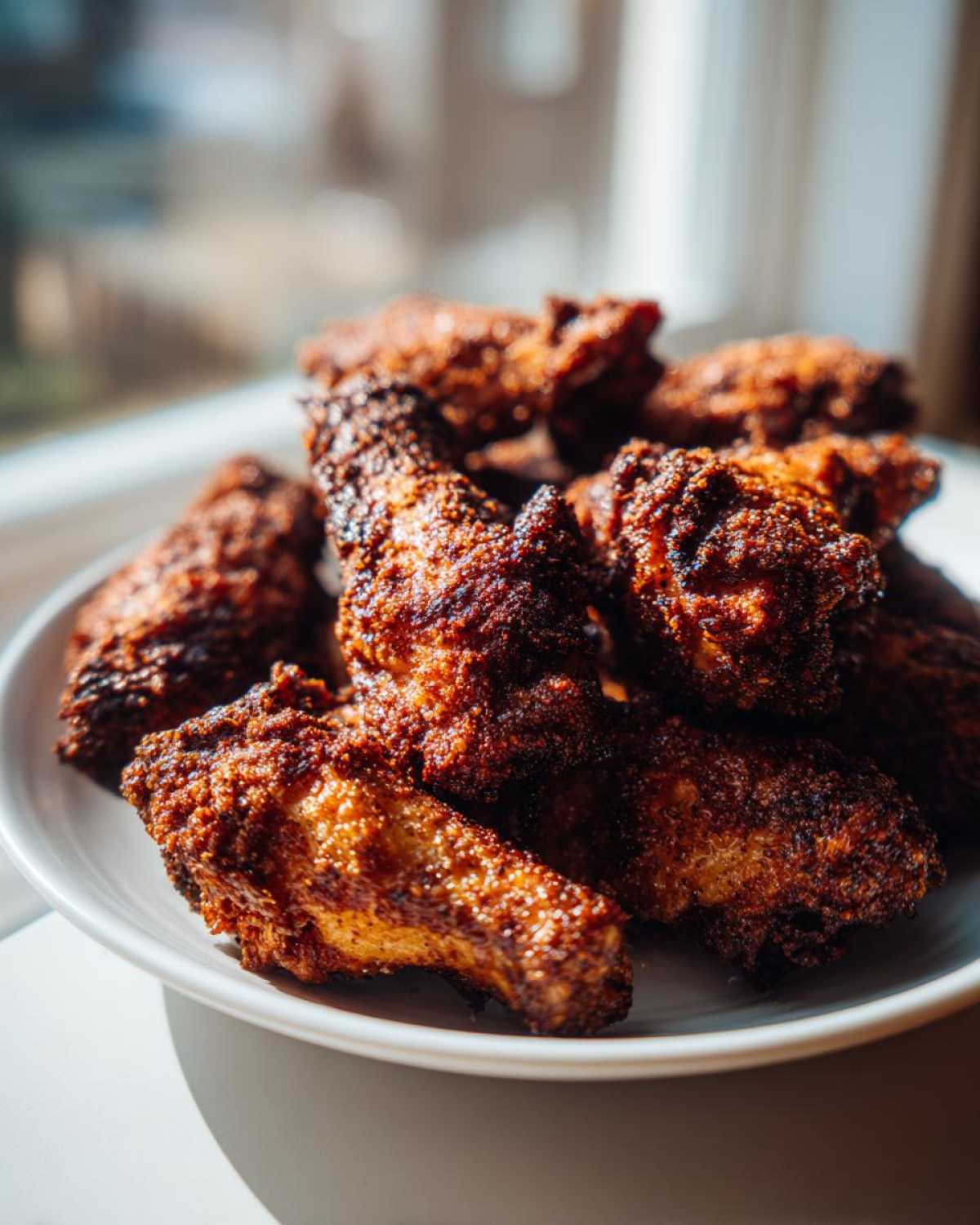 A close-up of a pile of perfectly crispy, dark golden brown chicken wings served on a white plate.