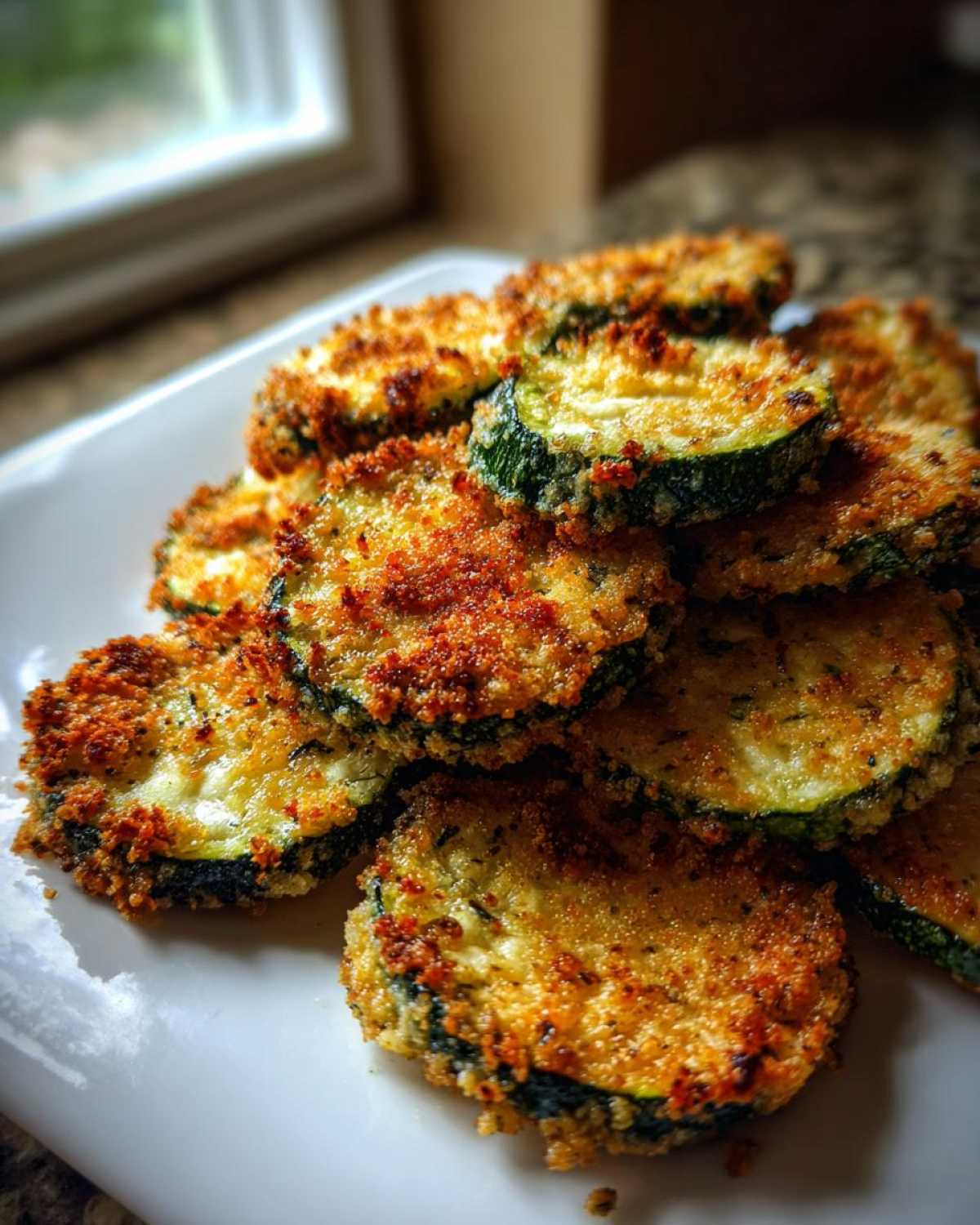 A pile of golden brown, crispy baked parmesan zucchini slices stacked on a white plate.
