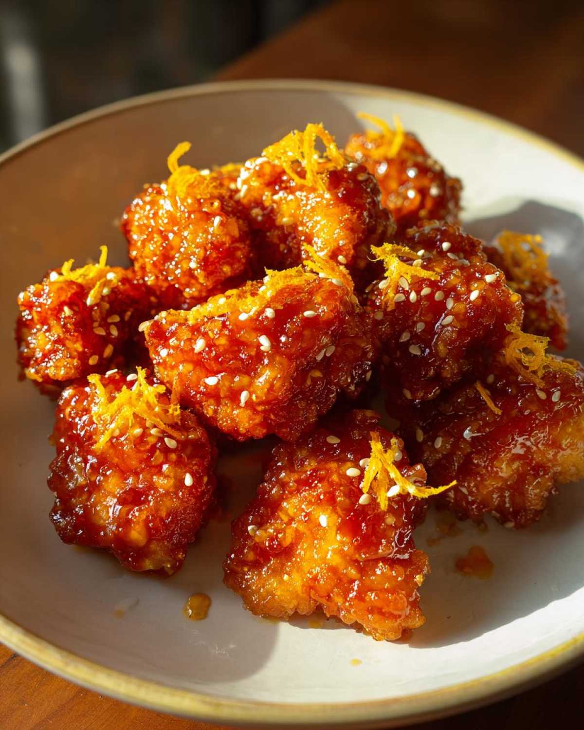 Close-up of crispy pieces of orange chicken recipe coated in a glossy sauce, sprinkled with sesame seeds and orange zest.