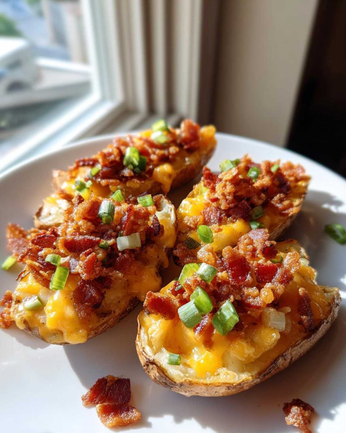 Four perfectly baked potato skins loaded with melted cheddar cheese, crispy bacon bits, and fresh green onions.