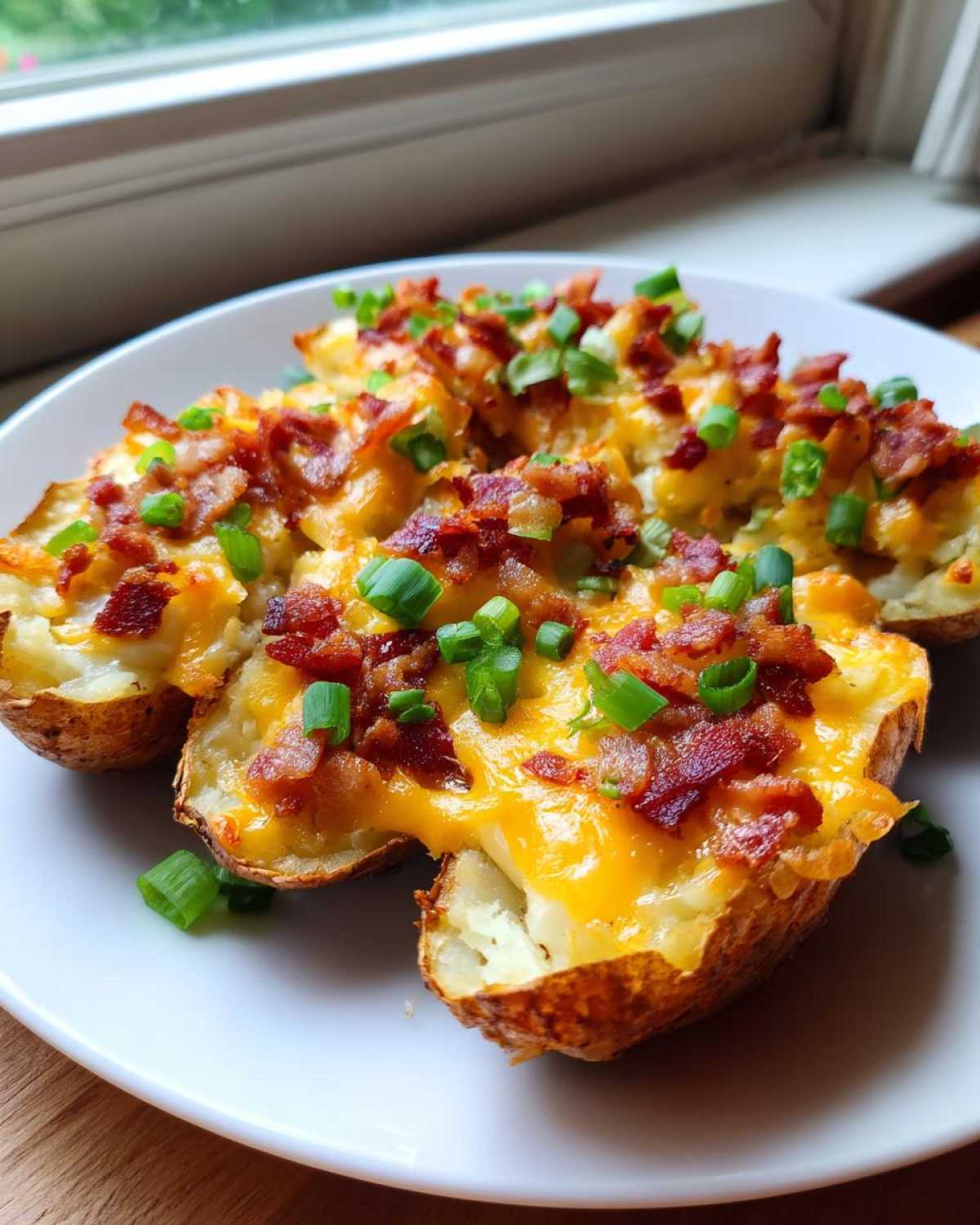 Close-up of three loaded potato skins topped with melted cheddar, bacon bits, and green onions.