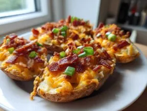 Four crispy potato skins loaded with melted cheddar cheese, bacon bits, and fresh green onions.